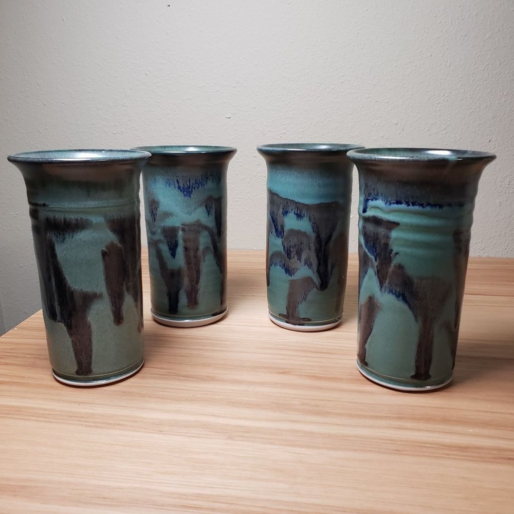 Vintage Hanselmann Art Pottery Vase Blue Teal Ceramic Swirl Signed Set Of 4